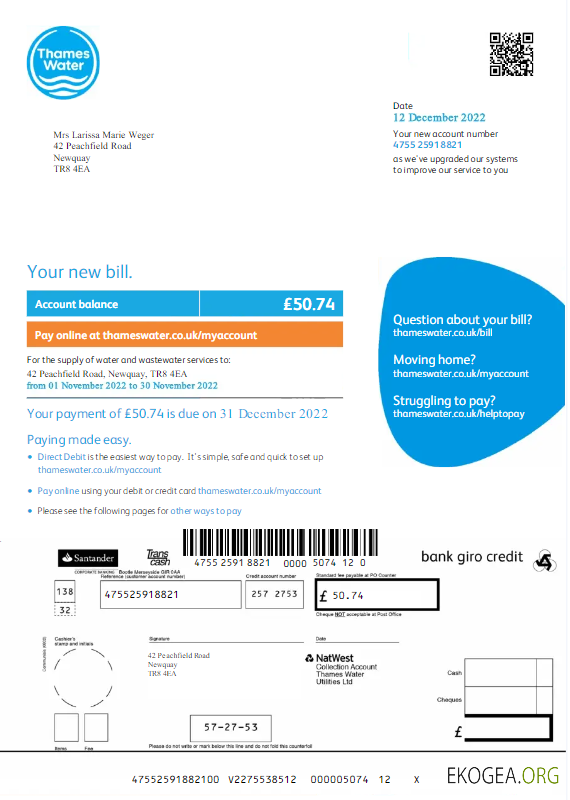 United Kingdom thames water utility bill word and pdf template